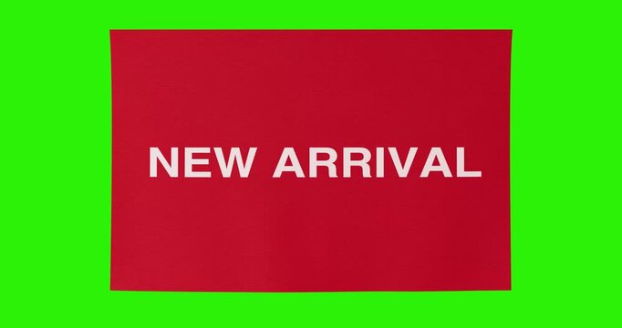 4k Resolution Video: Product Launch And Retail Promotion. Red New Arrival Banner Unrolled Animated On Green Screen Chroma Key Background With Alpha Matte