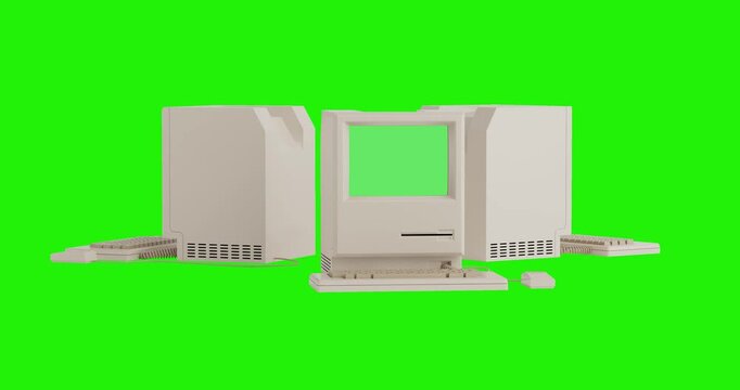 4k Resolution Video: Retro Technology Concept Of Vintage Computer Setup. Old Desktop Computers With Keyboard, Mouse And Green Screen Seamless Looped Rotating On Green Screen Chroma Key 