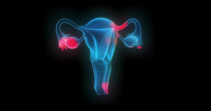 4k Resolution Video: Female Reproductive Health, Gynecology And Illness Zone Concept. Uterus With Highlighted Disease Areas Seamless Loop Rotate On Black Background