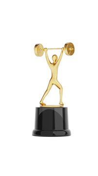 4k Resolution Vertical Video for Social Media: Strength And Achievement Concept With Weightlifting Trophy Figure. Golden Athlete Lifting Barbell Overhead On Award Base And Seamless Looped Rotating 