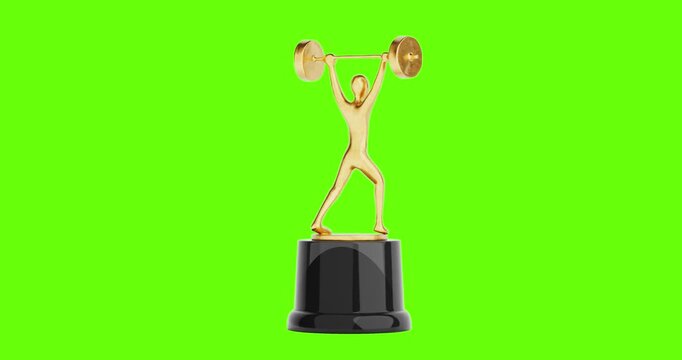 4k Resolution Video: Strength And Achievement Concept With Weightlifting Trophy Figure. Golden Athlete Lifting Barbell Overhead On Award Base And Seamless Looped Rotating On Green Screen Chroma Key 