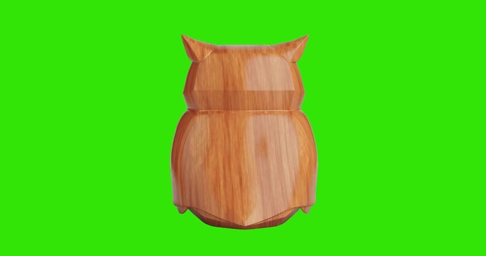 4k Resolution Video: Symbol Of Wisdom And Minimal Decor. Wooden Owl Sculpture With Smooth Carved Details Seamless Looped Rotating On Green Screen Chroma Key Background With Alpha Matte