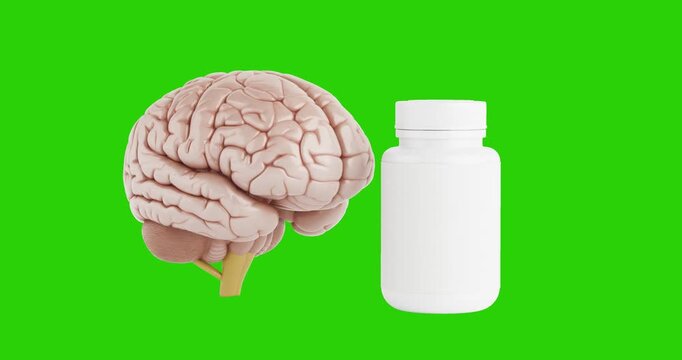 4k Resolution Video: Brain Health And Neurological Treatment. Human Brain With Blank Medicine Bottle Animated On Green Screen Chroma Key Background With Alpha Matte