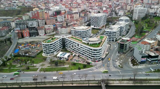 Turkey, Istanbul circa 2023: Dap Vadisi business center, drone fly back shot