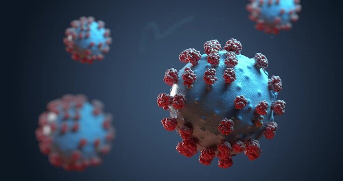 4k Resolution Video: Hantavirus Infection Concept. Blue Hantavirus Particles With Red Spikes Viewed Through Microscope And Animate on Black Background Extreme Closeup