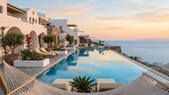 Luxury Santorini infinity pool with elegant white architecture overlooking the calm Aegean Sea. Minimal Mediterranean resort aesthetic with clean premium summer atmosphere.