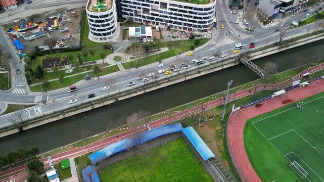 Turkey, Istanbul circa 2023: Dap Vadisi business center, drone reveal shot
