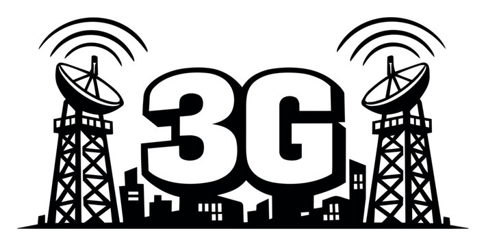3G network illustration showing telecommunications towers with satellite dishes transmitting wireless signals over an urban cityscape