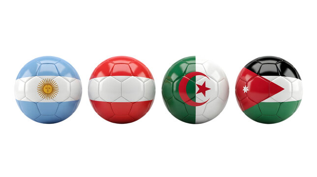 Soccer balls with argentina austria algeria and jordan flags on transparent background