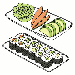 Vegan sushi rolls and avocado garnish presented on rectangular plates a colorful vector illustration cucumber nori © Mia1000