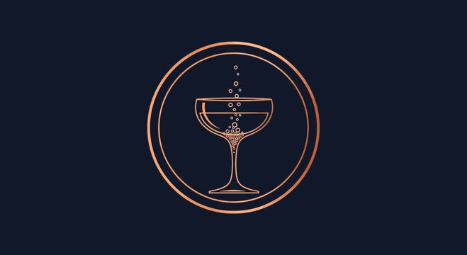 Elegant Champagne Glass With Bubbles Illustration Within a Circular Gold Frame Design