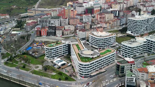 Turkey, Istanbul circa 2023: Dap Vadisi business center, drone rotation shot