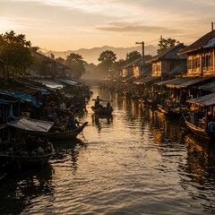 Obraz premium Golden Hour Floating Market in Southeast Asian Village