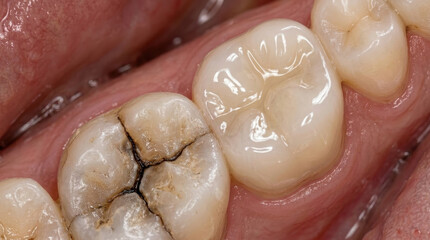 Fototapeta premium Broken tooth before and after restoration showing detailed dental repair and healthy enamel surface in close up view
