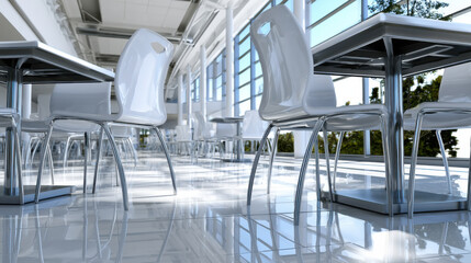 Obraz premium Modern cafeteria interior empty cafe clean dining table metal chair shiny floor large window natural light bright space contemporary design quiet atmosphere in peaceful mood