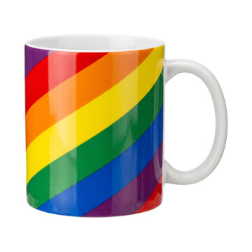 Colorful rainbow pride mug with vibrant diagonal stripes on white ceramic surface