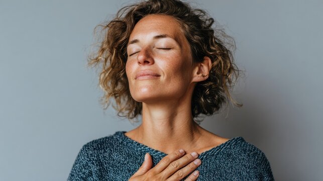Gentle woman embodies appreciation through peaceful smiles and heartfelt thankfulness. Calm woman demonstrates profound gratitude and healing through quiet smiles and genuine appreciation