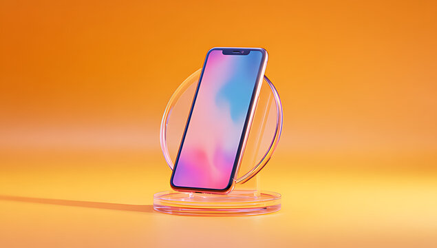 an iPhone placed on an acrylic stand featuring
