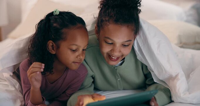Love, sisters and happy with tablet on bed for cartoon search, streaming options or relationship. Family, girl children or blanket with tech in home for online film, series choice or bonding together