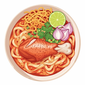 A vibrant top-down view of a delicious bowl of Khao Soi, featuring a chicken drumstick, flat noodles, crispy fried noodles, fresh lime, red onions, and cilantro in a rich curry broth.