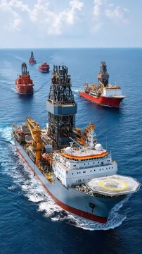 Offshore Drilling Rigs: A fleet of specialized offshore drilling vessels navigates the vast ocean, their towering structures a testament to industrial might and resource extraction.