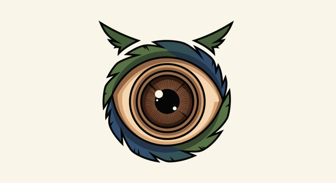 Mystical owl eye illustration, nature-inspired design with green and blue feathery elements, symbolizing wisdom and vision
