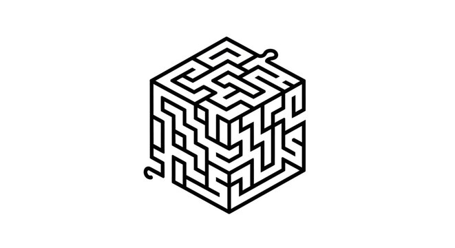 3D isometric cube maze. Abstract black line art puzzle concept representing complexity, problem-solving, challenge, and strategy.