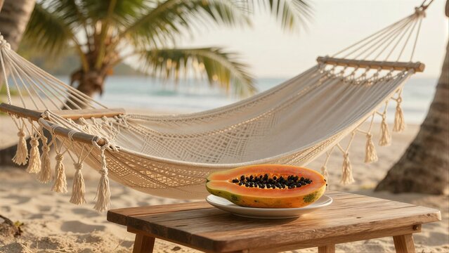 Beach hammock papaya on table palm trees ocean view  tropical