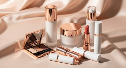 Luxury skincare and makeup set with golden packaging on soft pink fabric background. limited edition beauty bundles ©  DreamGenix