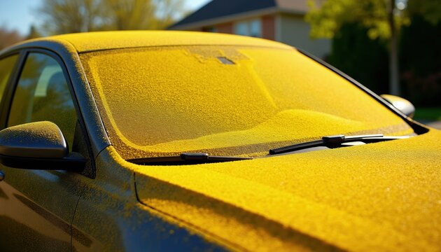 Car hood and windshield covered thick yellow pollen on sunny spring day. Seasonal allergy problem for drivers. Airborne particles accumulate on vehicle exterior.