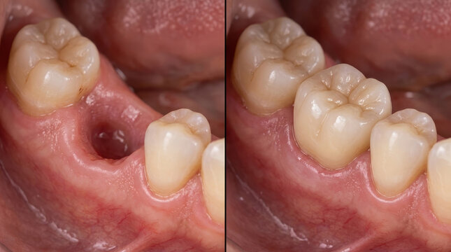 Broken tooth restoration before and after dental implant showing healthy gum and natural tooth replacement with clear detail of oral care and healing process