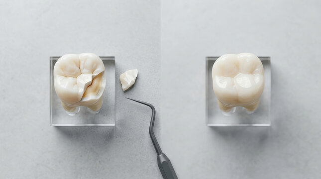 Broken tooth restoration concept showing before and after dental repair with missing piece and fully restored tooth on display blocks with dental tool