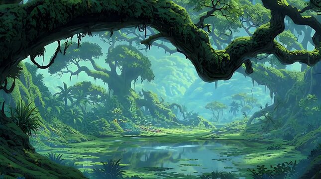 Ancient mossy tree branches framing a mystical jungle pond in a premium cinematic steady cam glide for travel and filmmaking marketing