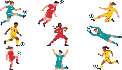 Flat Style Diverse Women Soccer Player Character Set Featuring Kicking, Heading, Diving, and Celebrating Poses for Sports and Football Illustrations © SM