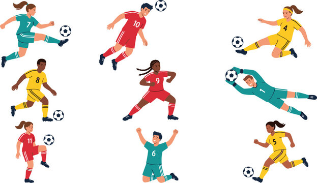 Flat Style Diverse Women Soccer Player Character Set Featuring Kicking, Heading, Diving, and Celebrating Poses for Sports and Football Illustrations
