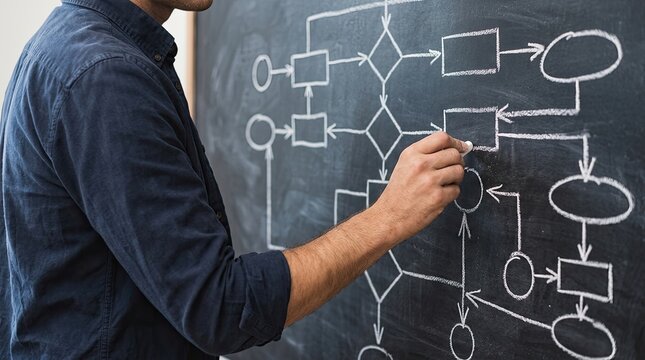 Man drawing a complex flowchart on a blackboard, illustrating a business process.