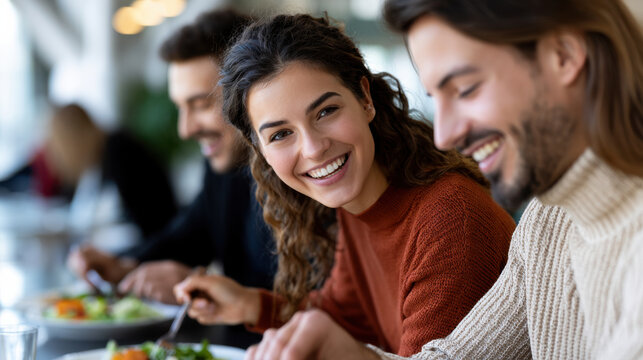 Young adult friend group lunch happy woman smile casual cafe meeting diverse student friendship social interaction healthy food joyful conversation natural light ambiance relaxed mood modern