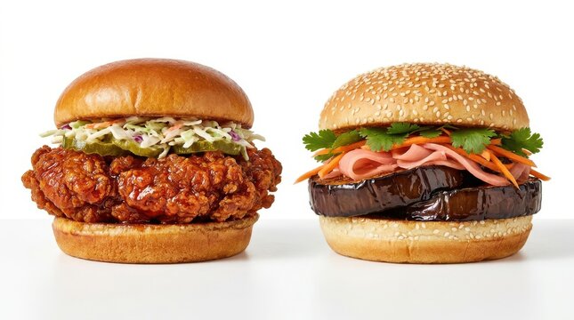 Two different gourmet burgers isolated on white background