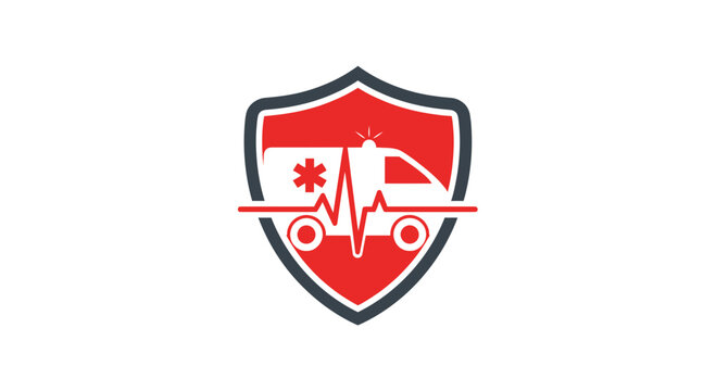 Emergency Medical Services Concept: Ambulance Emblem in a Shield, Healthcare Icon Graphic