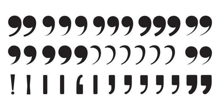 Set of black quote marks and speech punctuation isolated on transparent background.