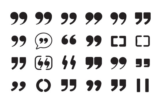 Quote marks symbol, speech bubble on transparent background vector icon set, quotation sign.
