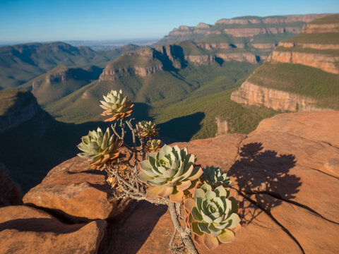 Succulent plants growing on rocky ledge overlooking deep green canyon under blue sky.