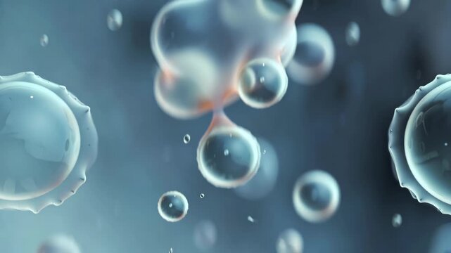 Close view of a dividing cell in clean microscopic style on a soft blue background, showing a concept of biology and growth
