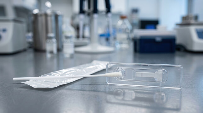 Laboratory experiment medical test kit with swab on table in clinical environment for diagnostic analysis and research