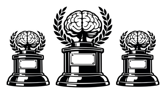 Three brain shaped trophies with laurel wreaths and blank name plates on a white background, symbolizing mental ability and wisdom
