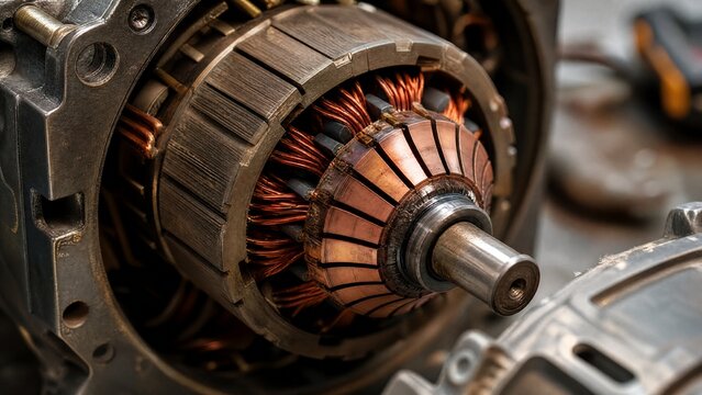 commutator. A disassembled electric motor revealing its internal copper commutator segments. product launch decks, UI/UX mockups, designed for product launches and innovation pitches.