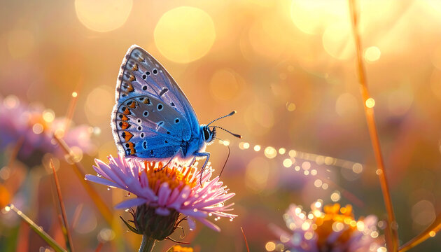 Colorful butterfly on flower in summer garden, macro-close-up nature wildlife with wings, orange yellow insect on plant leaf