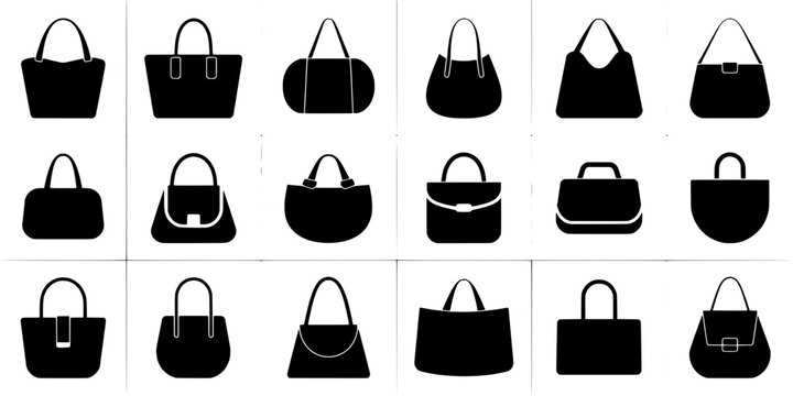 Bags icon set with black handbag silhouettes and varied straps for fashion, shopping, and e-commerce UI designs