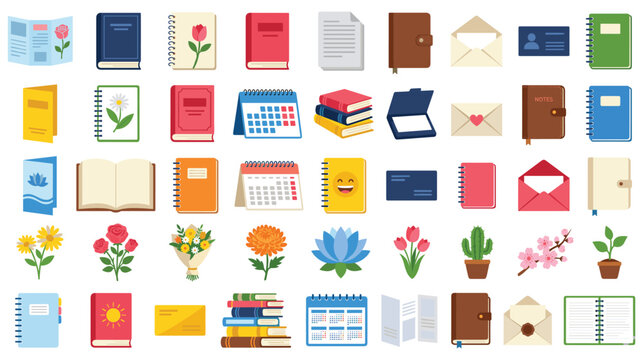Stationery diary book and organizer flat design icon set.