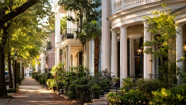 sundappled. A historic street lined with white-pillared houses under sun-dappled light. real-estate listings.
